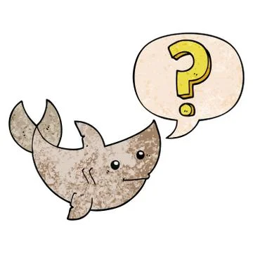 Cartoon shark asking question and speech bubble in retro texture style Stock Illustration