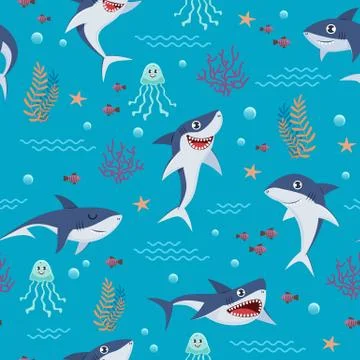 Cartoon sharks pattern. Seamless background with cute marine fishes, smiling Stock Illustration