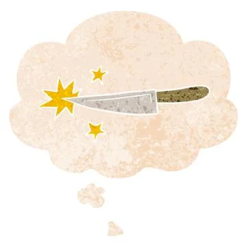 Cartoon sharp kitchen knife and thought bubble in retro textured style Illustrazione stock