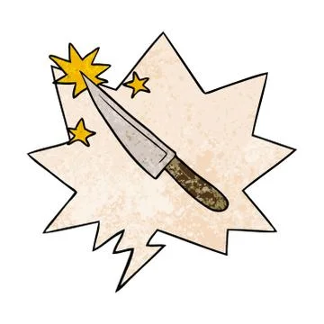 Cartoon sharp kitchen knife and speech bubble in retro texture style Illustrazione stock