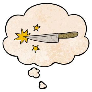 Cartoon sharp kitchen knife and thought bubble in grunge texture pattern styl 스톡 일러스트