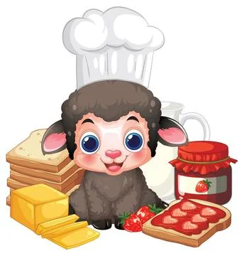 Cartoon Sheep Chef with Breakfast Bread Butter and Strawberry Jam Stock Illustration