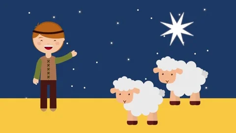 Cartoon shepherd boy standing with fluffy white sheep under bright twinklin.. Stock-Footage 333608310