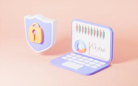 Cartoon shield and computer, 3d rendering. Stock Illustration