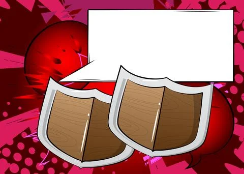 Cartoon Shield with blank speech bubble, comic book viking background. Retr.. Stock Illustration