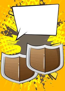 Cartoon Shield with blank speech bubble, comic book viking background. Retr.. Stock Illustration