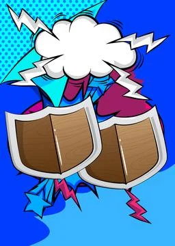 Cartoon Shield with blank speech bubble, comic book viking background. Retr.. Stock Illustration
