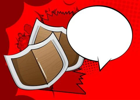 Cartoon Shield with blank speech bubble, comic book viking background. Retr.. Stock Illustration