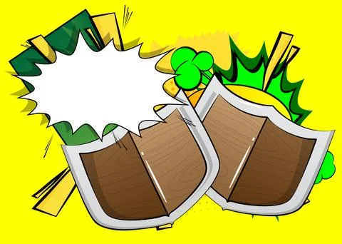Cartoon Shield with blank speech bubble, comic book viking background. Retr.. Stock Illustration