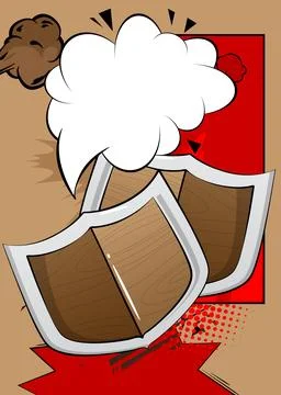 Cartoon Shield with blank speech bubble, comic book viking background. Retr.. Stock Illustration