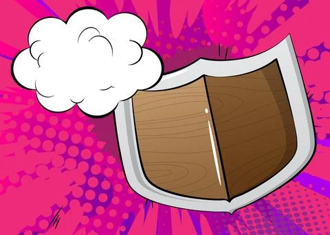 Cartoon Shield with blank speech bubble, comic book viking background. Retr.. Stock Illustration