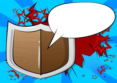Cartoon Shield with blank speech bubble, comic book viking background. Retr.. Stock Illustration