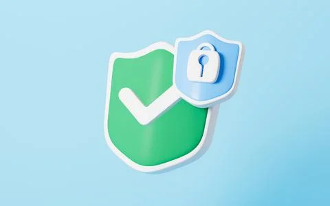 Cartoon shield with tick and lock, unlock and permission concept, 3d renderin 스톡 일러스트