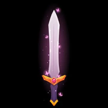 Cartoon shiny sword with sparkles, vector game fantasy saber with handle Illustration