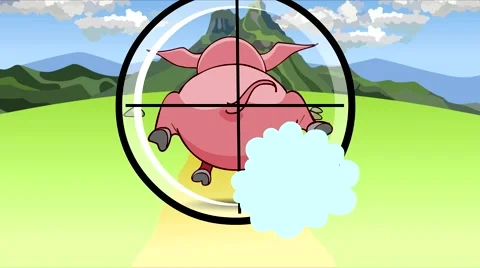 Cartoon shooting through the scope of a running pig. Video stock 57508047