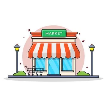 Cartoon Shop Building with Carts Vector Illustration Ilustración de archivo