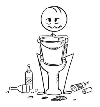 Cartoon of Sick or Drunk Man Sitting on Toilet With Bucket in Hands Stock Illustration