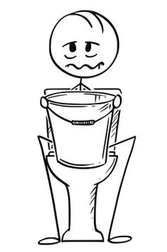 Cartoon of Sick or Drunk Man Sitting on Toilet With Bucket in Hands Stock Illustration