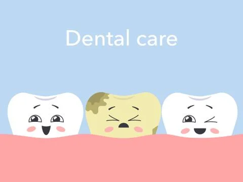 Cartoon sick tooth among healthy. Hawaiian teeth. Dental care concept Stock Illustration