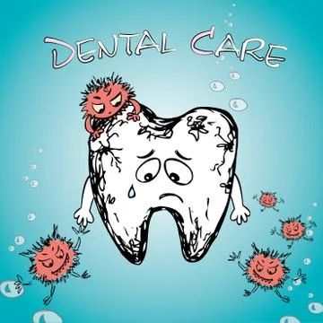 Cartoon sick tooth with bacteria Illustrazione stock