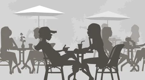 Cartoon silhouettes of people sitting in a cafe at the tables Stock Illustration