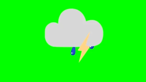 Cartoon simple cloud icon with rain and dripping raindrops and lightning on Stock Footage 270948103
