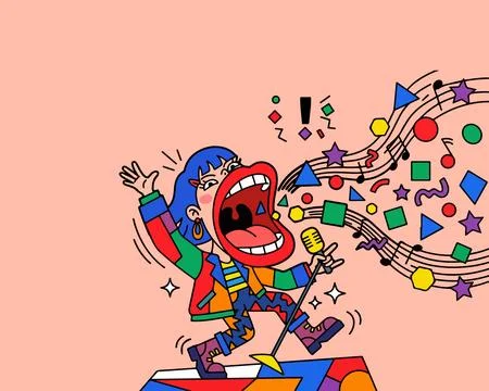 Cartoon Singer with Geometric Music Notes Stock Illustration