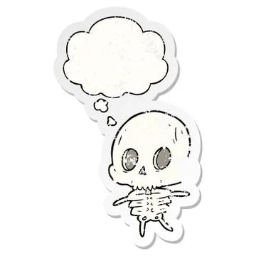Cartoon skeleton and thought bubble as a distressed worn sticker Stock Illustration