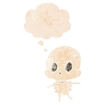 Cartoon skeleton and thought bubble in retro textured style Stock Illustration
