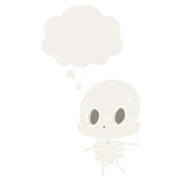 Cartoon skeleton and thought bubble in retro style Stock Illustration