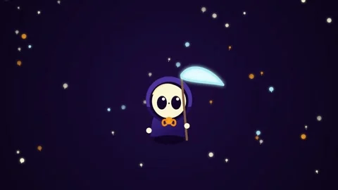Cartoon skeleton character holding glowing umbrella under starry night sky Stock Footage 341845998