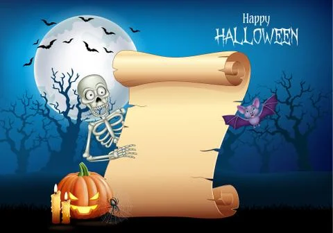 Cartoon skeleton holding scroll banner with Halloween background イラスト素材