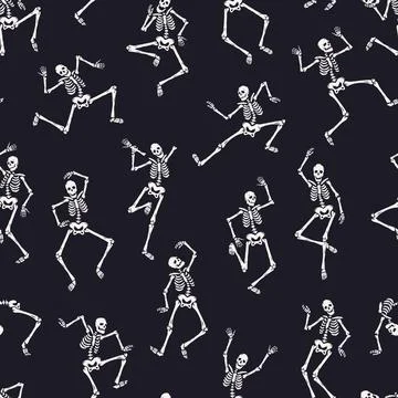Cartoon skeletons dance seamless pattern. Halloween scary character in different Stock Illustration