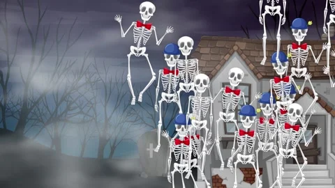 Cartoon Skeletons Dancing in Front of Haunted House at Night 動画素材 340758220
