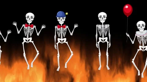 Cartoon Skeletons Dancing in Front of Raging Fire and Flames Stock Footage 339990284