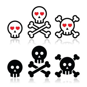 Cartoon skull with bones and hearts vector icon set Stock Illustration