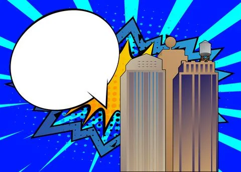 Cartoon Skyscraper with blank speech bubble, comic book construction backgr.. イラスト素材