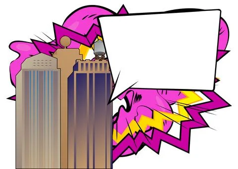Cartoon Skyscraper with blank speech bubble, comic book construction backgr.. Stock Illustration