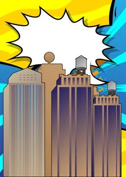 Cartoon Skyscraper with blank speech bubble, comic book construction backgr.. Stock Illustration