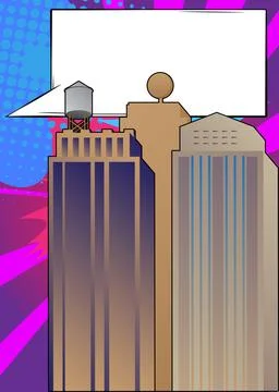 Cartoon Skyscraper with blank speech bubble, comic book construction backgr.. Stock Illustration