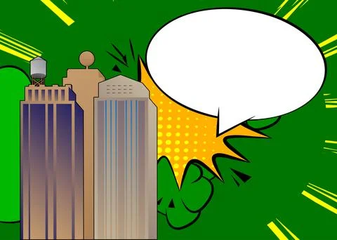 Cartoon Skyscraper with blank speech bubble, comic book construction backgr.. Stock Illustration