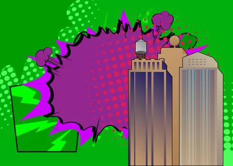 Cartoon Skyscraper, comic book buildings. Retro vector comics pop art design. Stock Illustration
