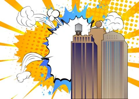 Cartoon Skyscraper, comic book buildings. Retro vector comics pop art design. Stock Illustration
