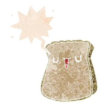 Cartoon slice of bread and speech bubble in retro textured style Illustrazione stock
