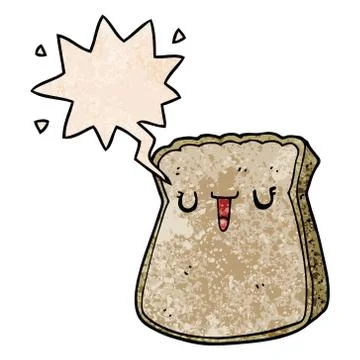 Cartoon slice of bread and speech bubble in retro texture style Stock Illustration