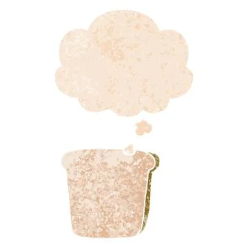 Cartoon slice of bread and thought bubble in retro textured style Stock Illustration