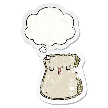 Cartoon slice of bread and thought bubble as a distressed worn sticker 스톡 일러스트