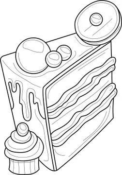 Cartoon slice of cake with cookie, cupcake and sprinkles sketch temlpate. Stock Illustration