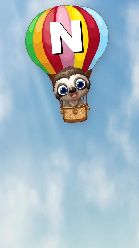 Cartoon Sloth Floating in Hot Air Balloon Through Sunny Cloudy Sky Stock Footage 341461824