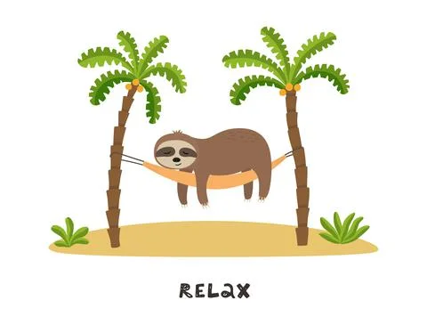 Cartoon sloth is sleeping in hammock under palm trees. Summer time vector Stock Illustration